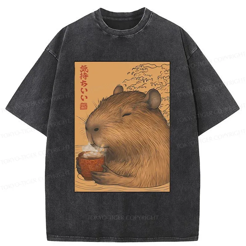 Tokyo-Tiger Capybara Taking A Bath Washed T-Shirt