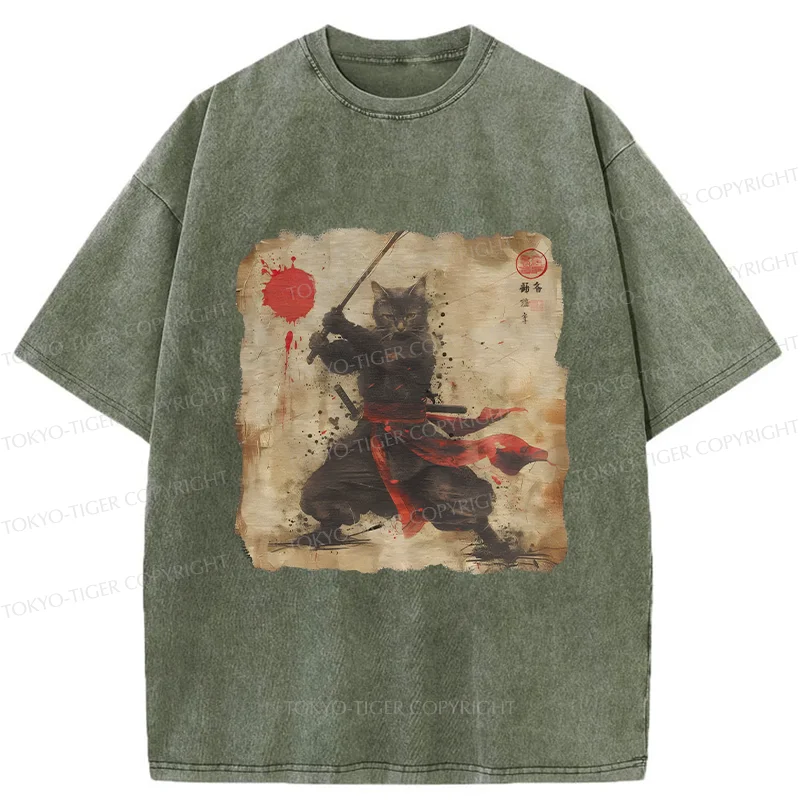 Tokyo-Tiger Retro Japanese Samurai Cat Washed T-Shirt