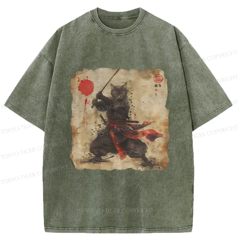 Tokyo-Tiger Retro Japanese Samurai Cat Washed T-Shirt