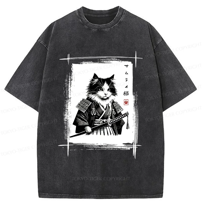 Tokyo-Tiger Tuxedo Samurai Cat Washed T-Shirt