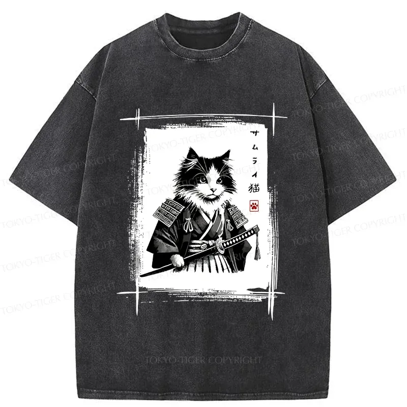 Tokyo-Tiger Tuxedo Samurai Cat Washed T-Shirt