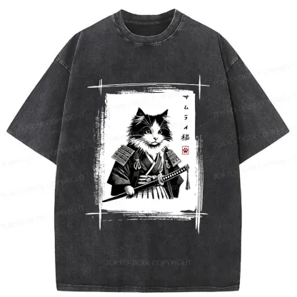 Tokyo-Tiger Tuxedo Samurai Cat Washed T-Shirt