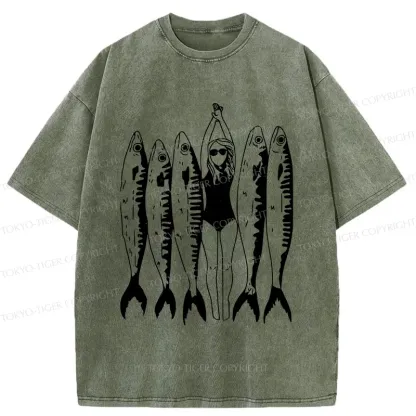 Tokyo-Tiger Swimming People And Fish Washed T-Shirt