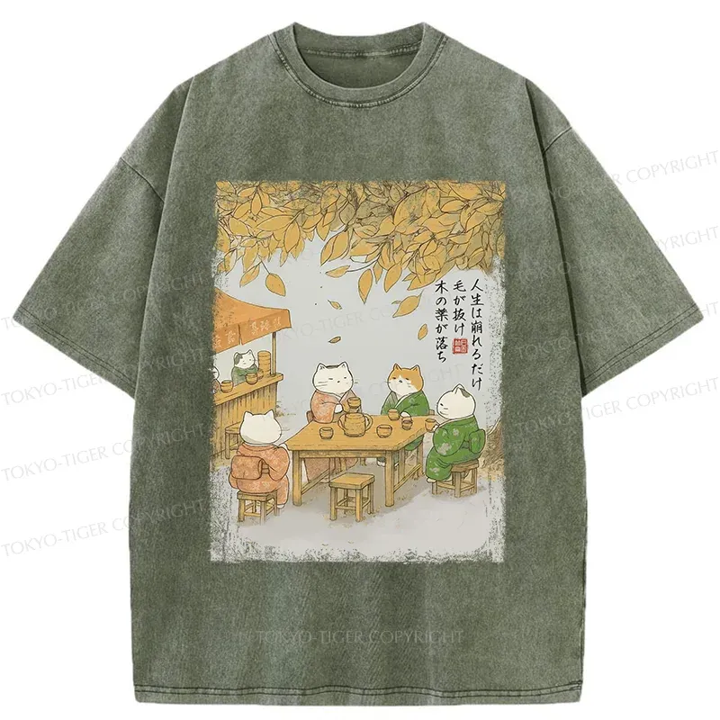 Tokyo-Tiger Cats Drinking Tea Under The Tree Washed T-Shirt