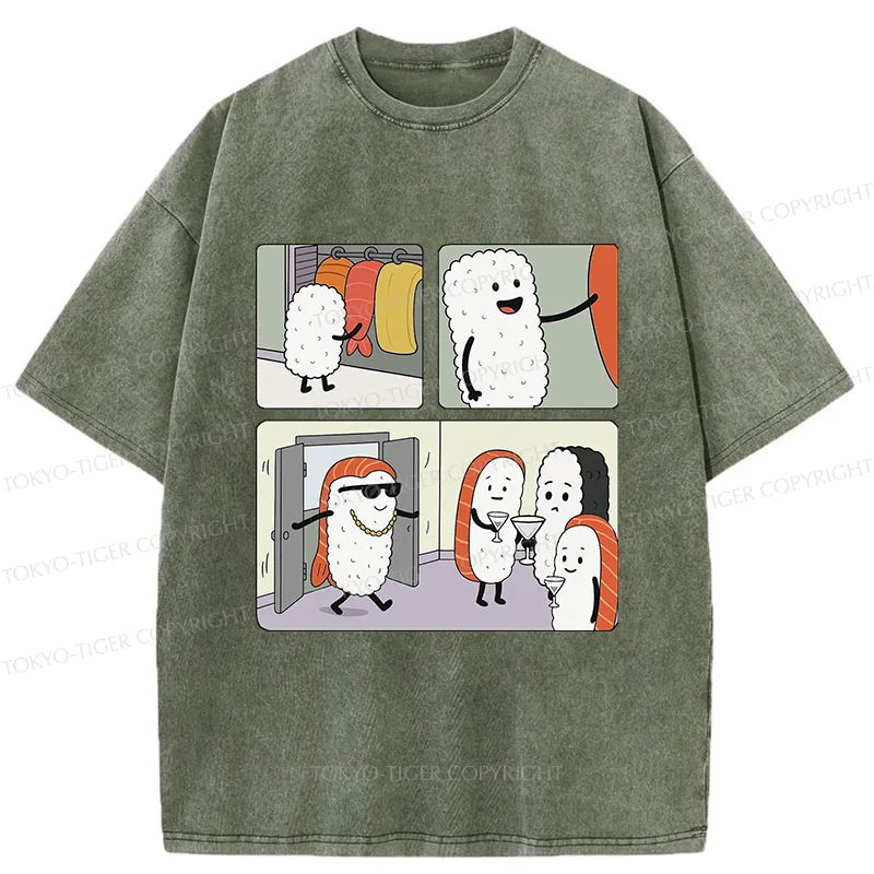 Tokyo-Tiger Sushi At The Party Washed T-Shirt