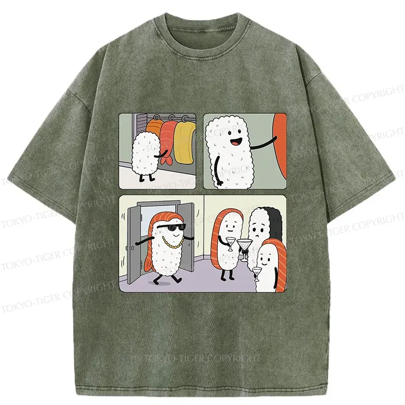 Tokyo-Tiger Sushi At The Party Washed T-Shirt