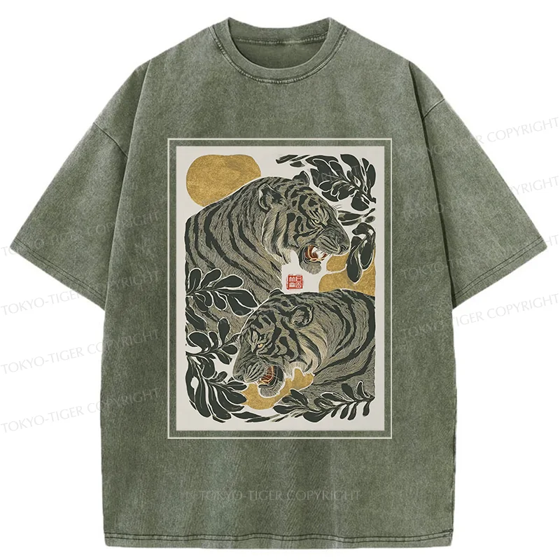 Tokyo-Tiger Woodcut Tiger Washed T-Shirt