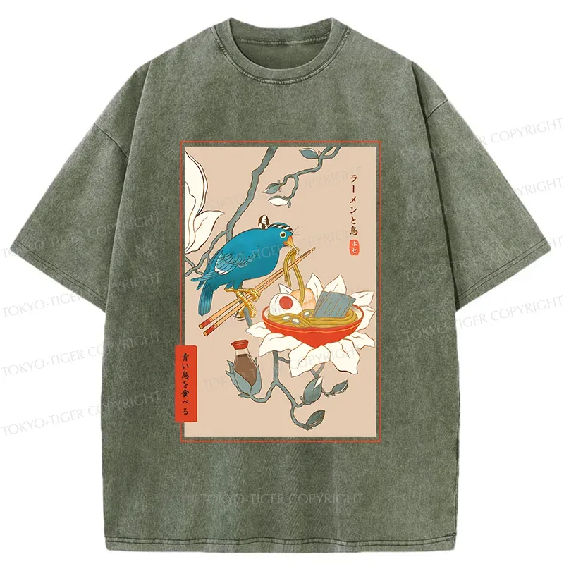 Tokyo-Tiger Bird Eating Ramen Washed T-Shirt