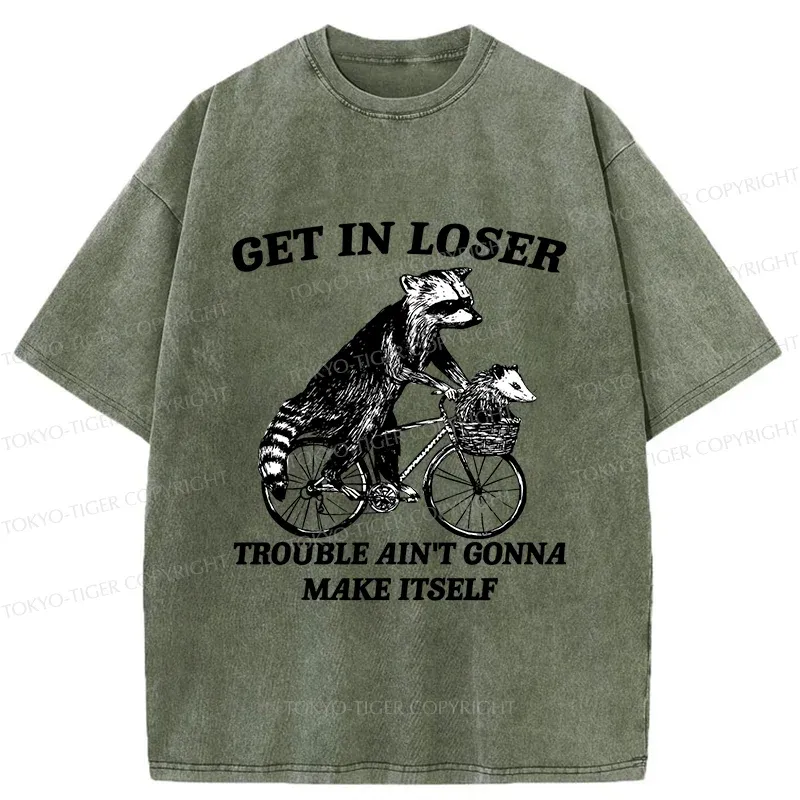 Tokyo-Tiger Raccoon On A Bicycle Washed T-Shirt