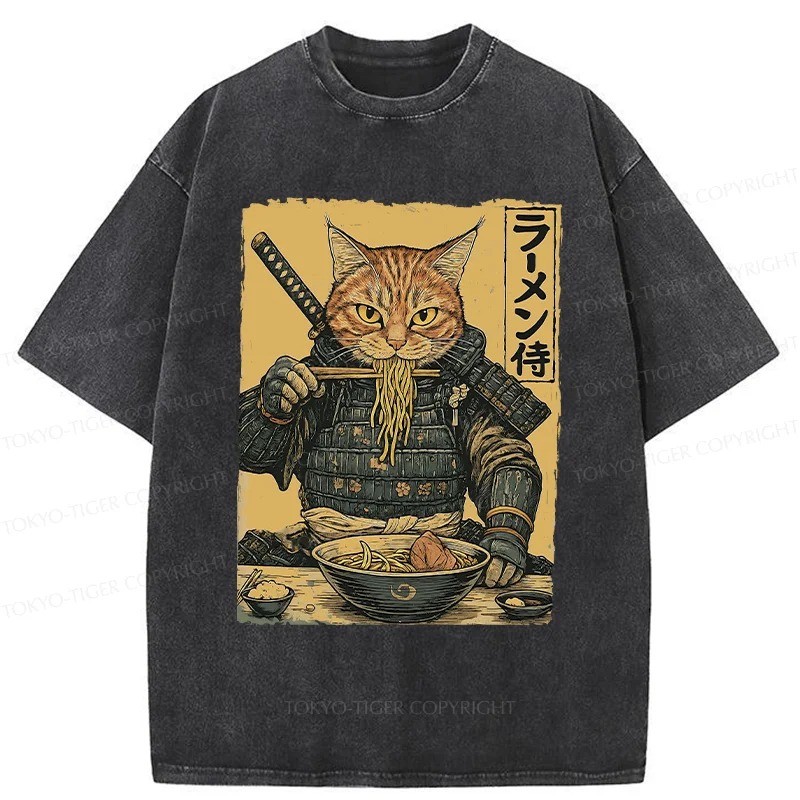 Tokyo-Tiger Cat General Eating Ramen Washed T-Shirt