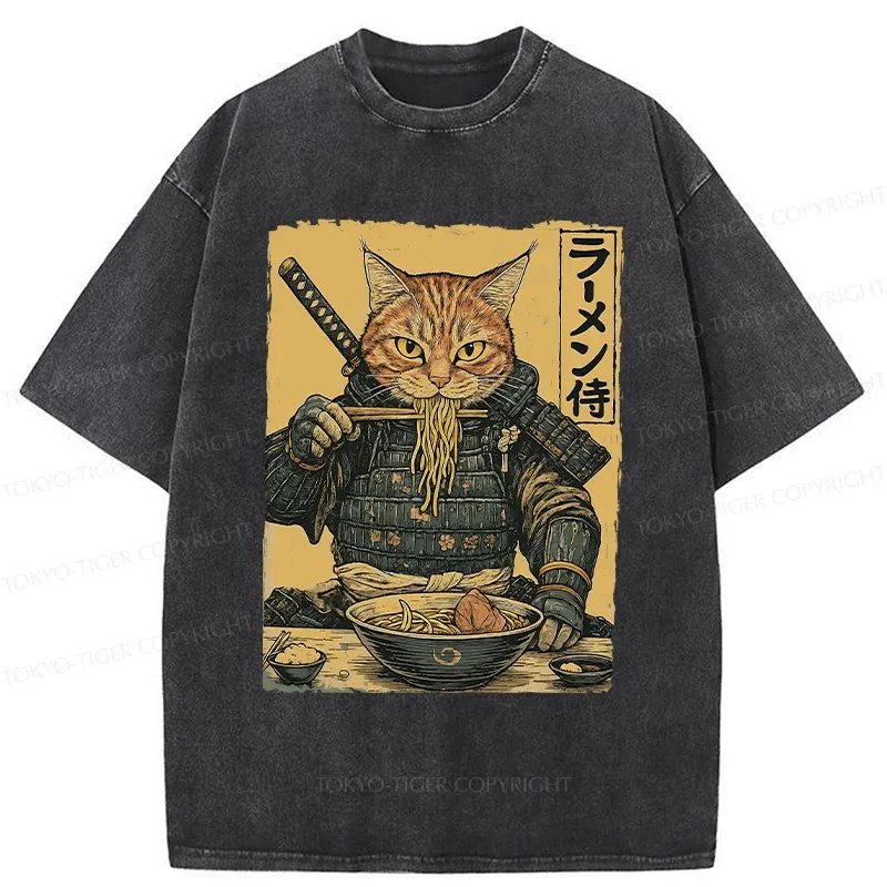 Tokyo-Tiger Cat General Eating Ramen Washed T-Shirt Sale