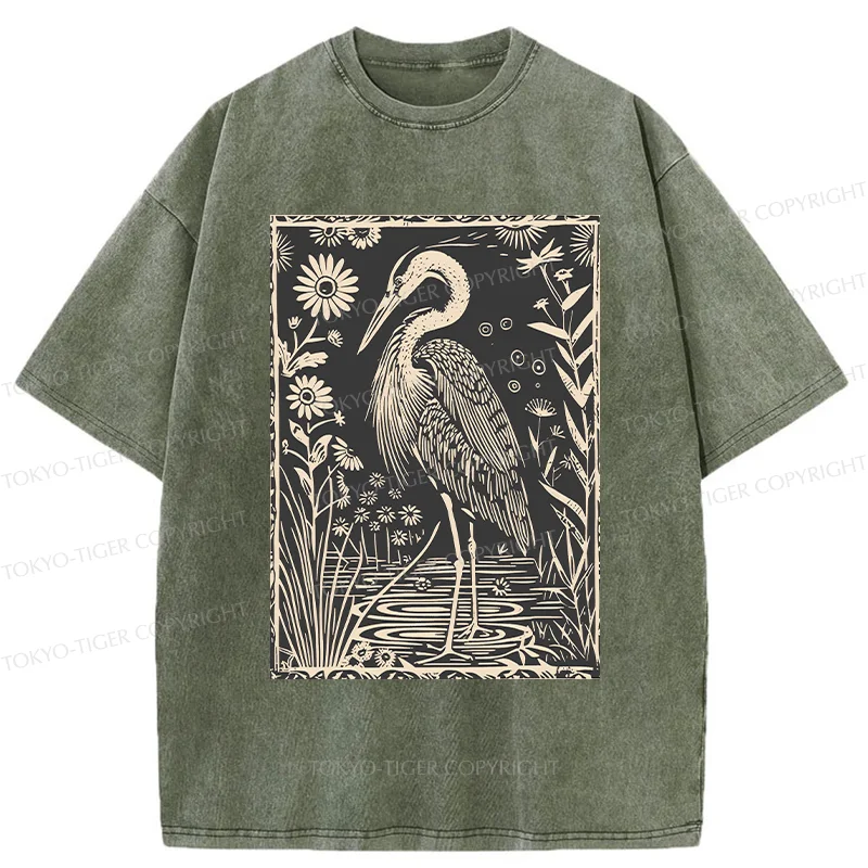 Tokyo-Tiger Woodcut Crane Japan Washed T-Shirt