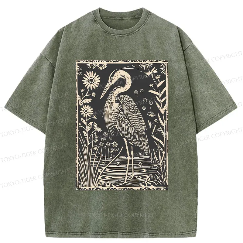 Tokyo-Tiger Woodcut Crane Japan Washed T-Shirt