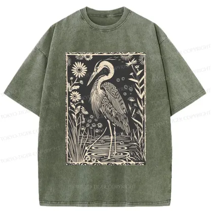 Tokyo-Tiger Woodcut Crane Japan Washed T-Shirt