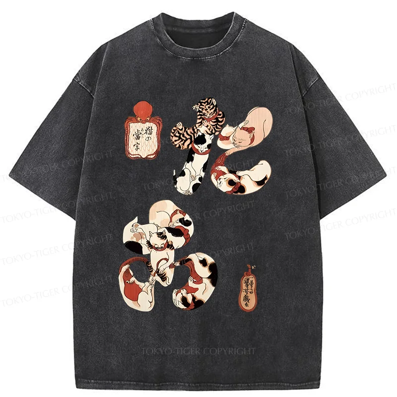 Tokyo-Tiger Funny Cat Kanji Washed T-Shirt
