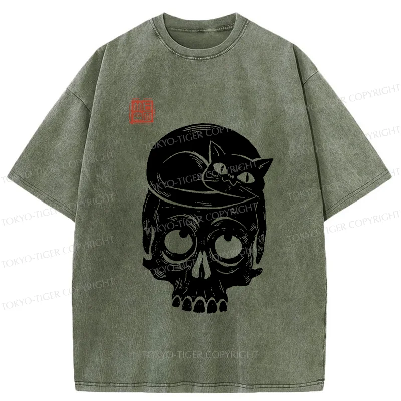 Tokyo-Tiger Woodcut Cat And Skeleton Washed T-Shirt