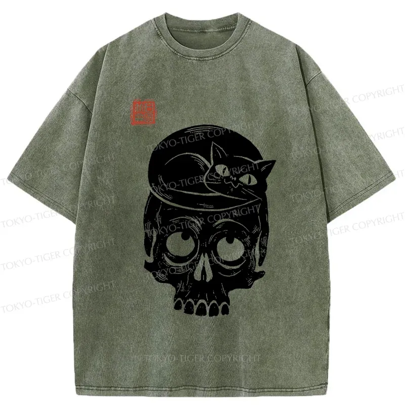 Tokyo-Tiger Woodcut Cat And Skeleton Washed T-Shirt