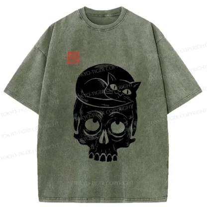 Tokyo-Tiger Woodcut Cat And Skeleton Washed T-Shirt