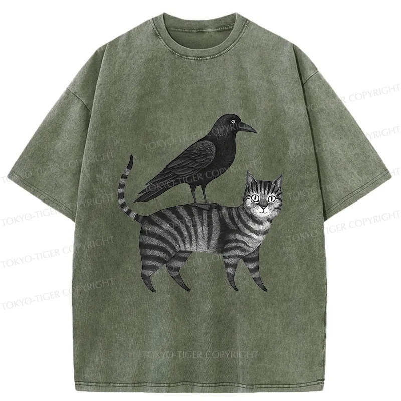 Tokyo-Tiger Crow Riding A Cat Washed T-Shirt