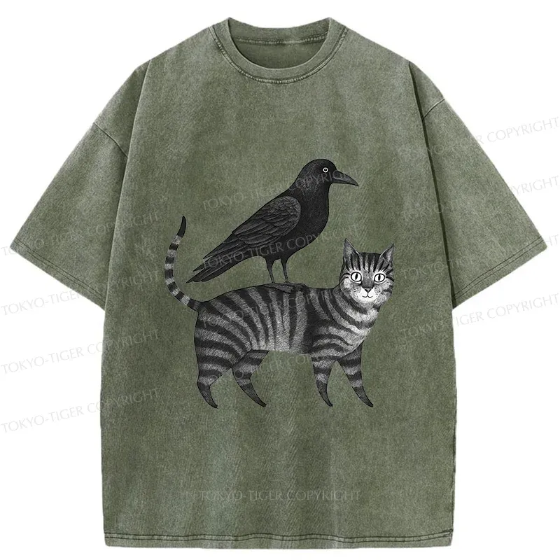 Tokyo-Tiger Crow Riding A Cat Washed T-Shirt
