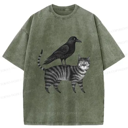 Tokyo-Tiger Crow Riding A Cat Washed T-Shirt