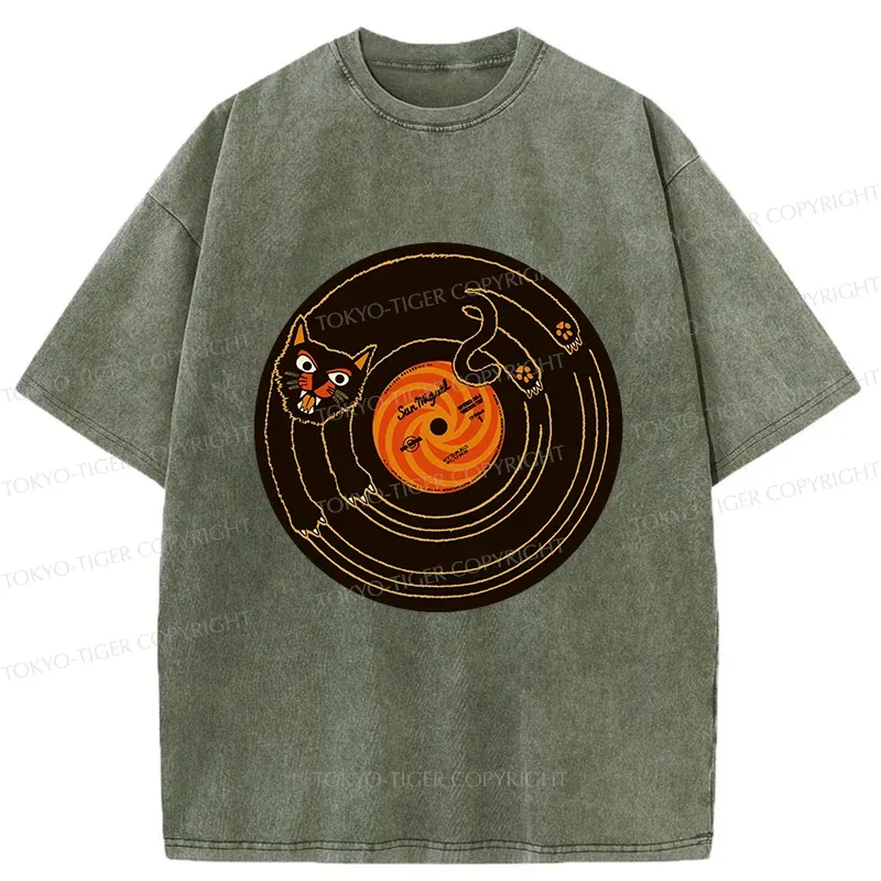 Tokyo-Tiger Cat Scratching Record Washed T-Shirt