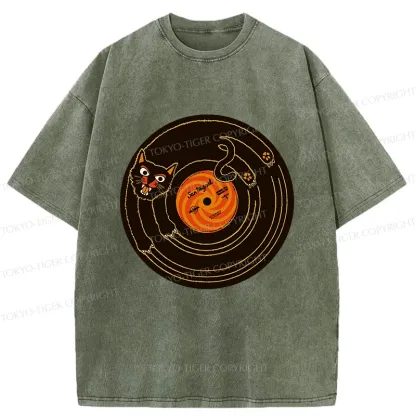 Tokyo-Tiger Cat Scratching Record Washed T-Shirt