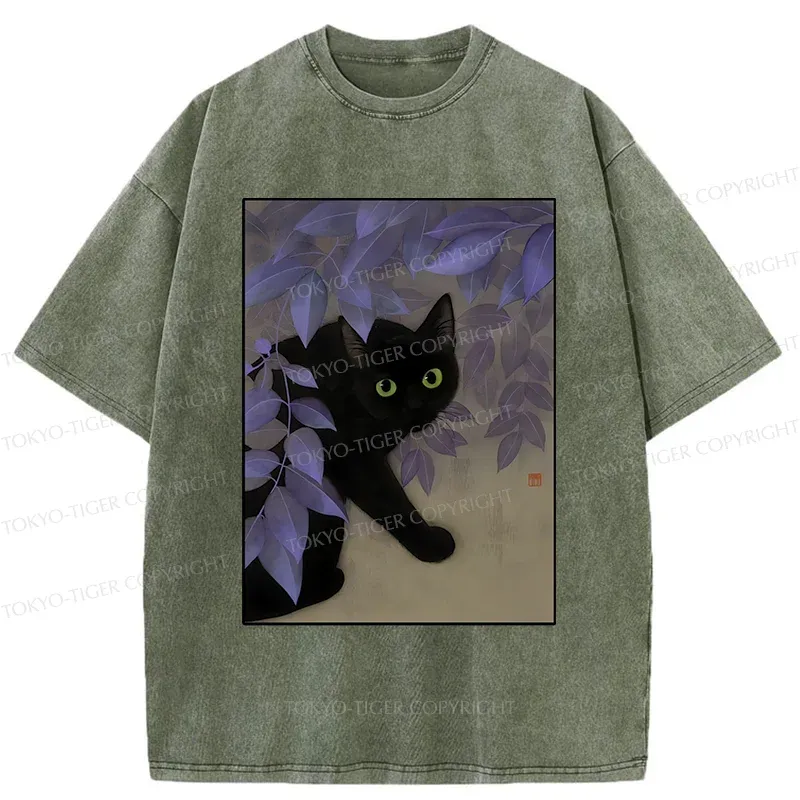 Tokyo-Tiger Cat Under The Flowers Washed T-Shirt