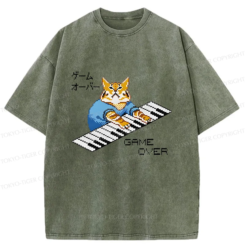 Tokyo-Tiger Cat Playing The Piano Washed T-Shirt