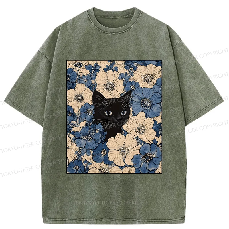 Tokyo-Tiger Cat In The Flowers Washed T-Shirt