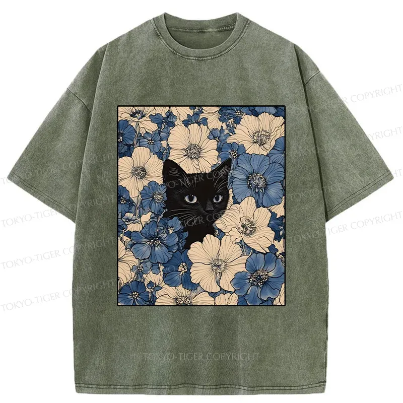 Tokyo-Tiger Cat In The Flowers Washed T-Shirt