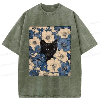 Tokyo-Tiger Cat In The Flowers Washed T-Shirt