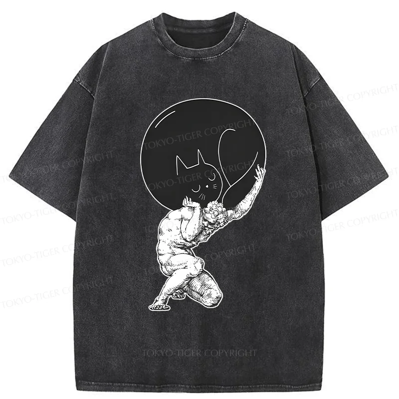 Tokyo-Tiger Stone Statue Holding A Cat Washed T-Shirt