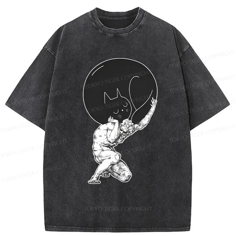Tokyo-Tiger Stone Statue Holding A Cat Washed T-Shirt