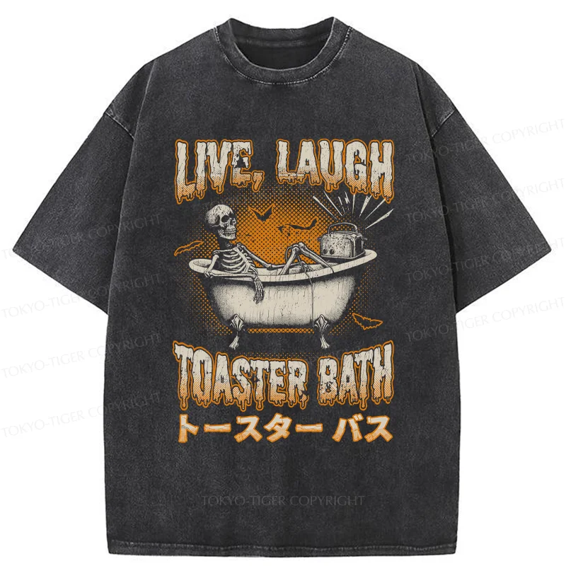 Tokyo-Tiger Skeleton Taking A Bath Washed T-Shirt