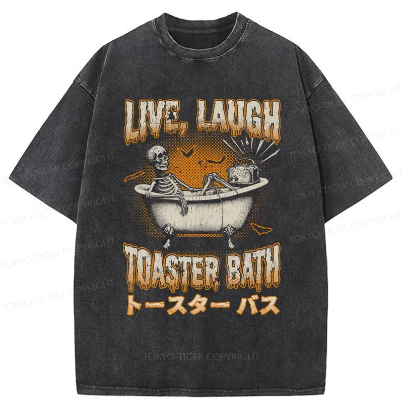 Tokyo-Tiger Skeleton Taking A Bath Washed T-Shirt