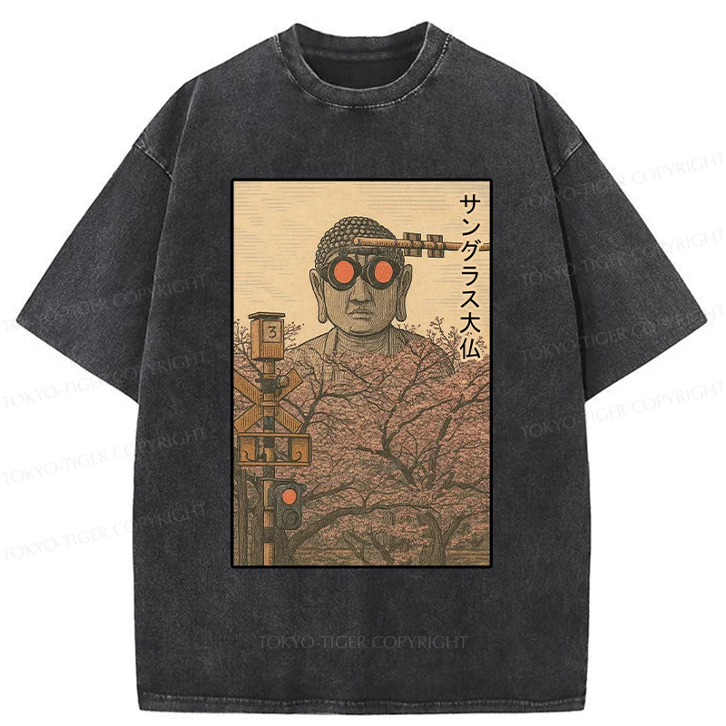 Tokyo-Tiger Buddha Statue Wearing Sunglasses Washed T-Shirt