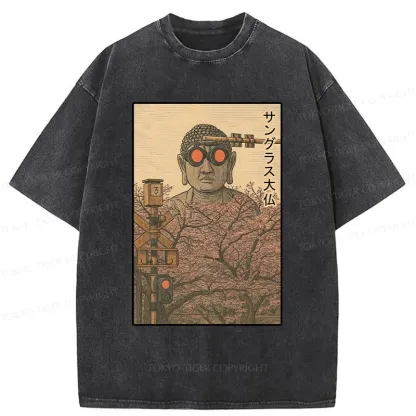 Tokyo-Tiger Buddha Statue Wearing Sunglasses Washed T-Shirt