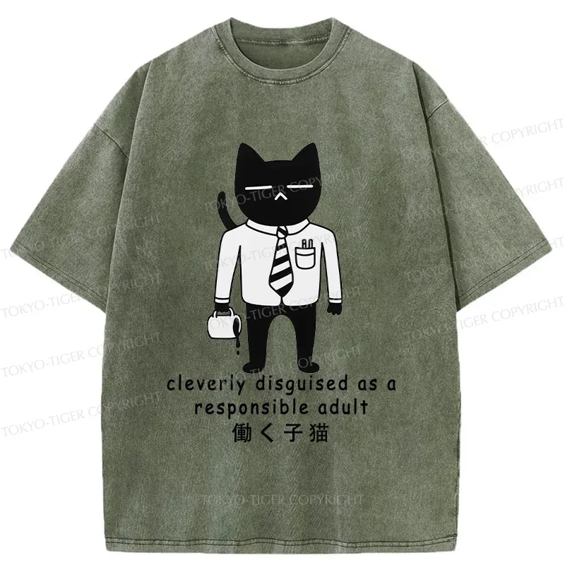 Tokyo-Tiger Cat At Work Washed T-Shirt