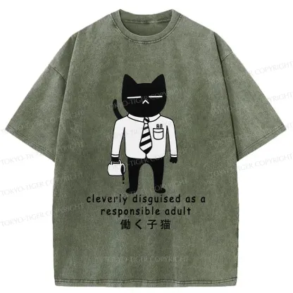 Tokyo-Tiger Cat At Work Washed T-Shirt