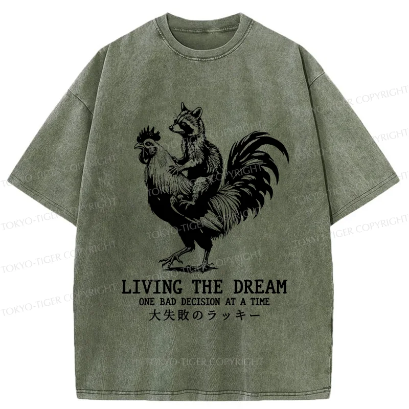 Tokyo-Tiger Raccoon Riding A Chicken Washed T-Shirt