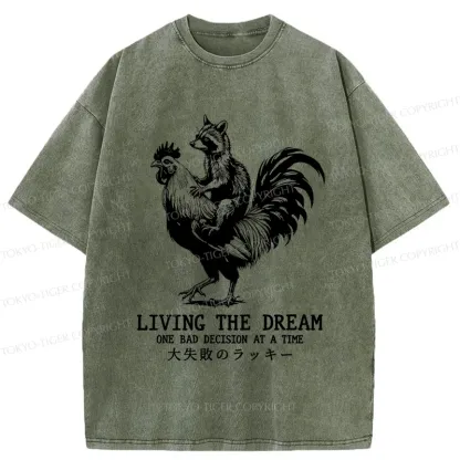 Tokyo-Tiger Raccoon Riding A Chicken Washed T-Shirt