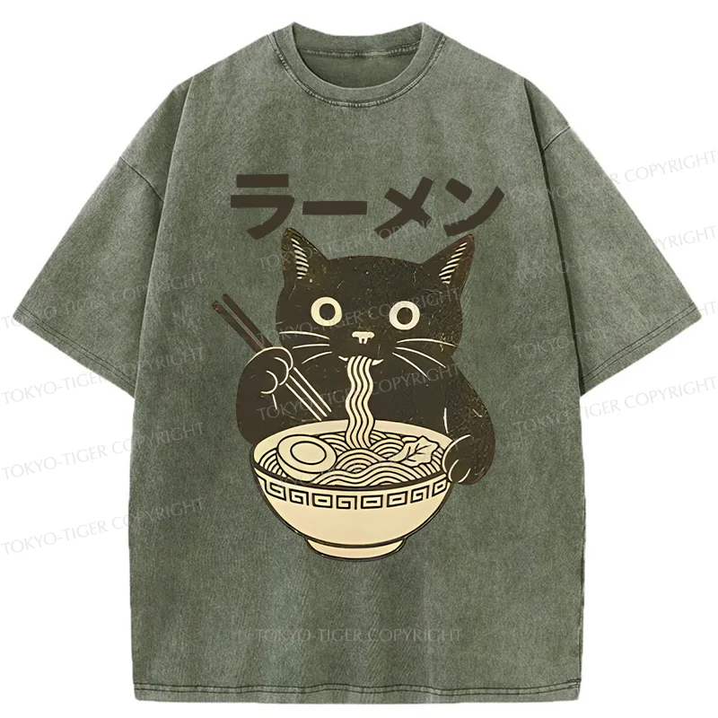 Tokyo-Tiger Simple Black Cat Eating Ramen Washed T-Shirt