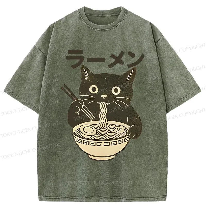 Tokyo-Tiger Simple Black Cat Eating Ramen Washed T-Shirt