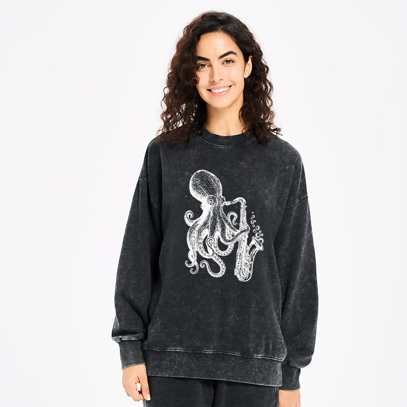 Tokyo-Tiger Octopus Playing Saxophone Washed Sweatshirt