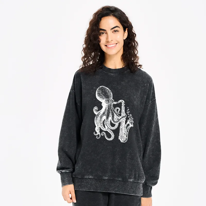 Tokyo-Tiger Octopus Playing Saxophone Washed Sweatshirt