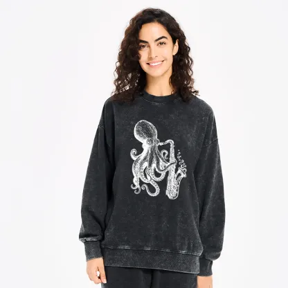 Tokyo-Tiger Octopus Playing Saxophone Washed Sweatshirt