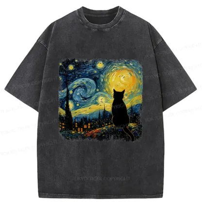 Tokyo-Tiger The Starry Night Cat Washed T-Shirt