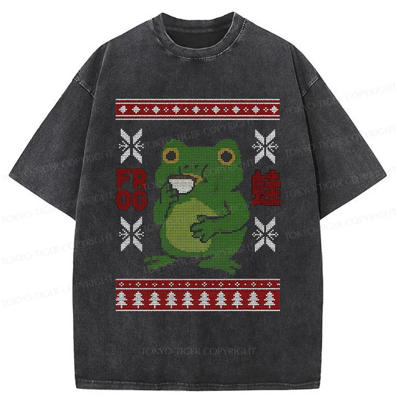 Tokyo-Tiger Frog Drinking Coffee Washed T-Shirt