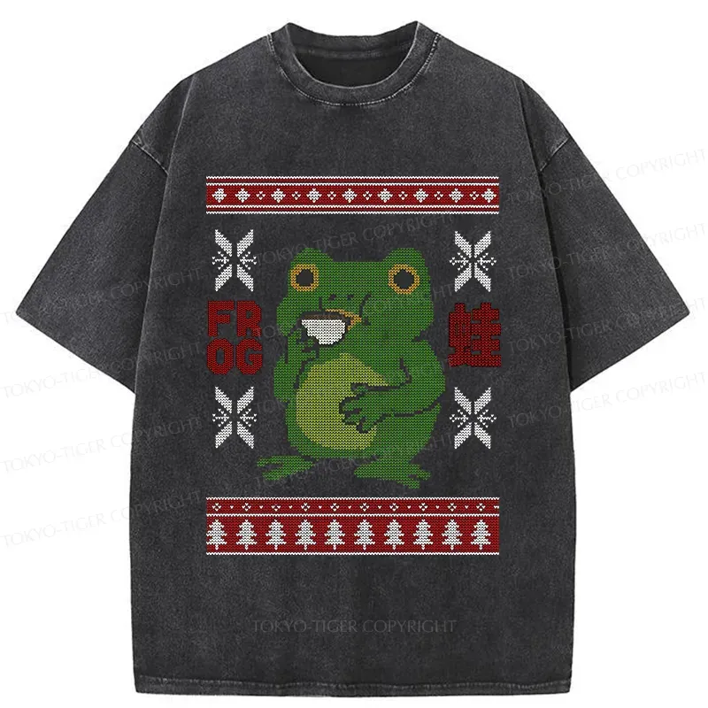 Tokyo-Tiger Frog Drinking Coffee Washed T-Shirt